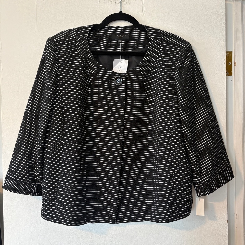 Talbots Black White Polka Dot One Button Blazer Jacket Cotton Size 14 W